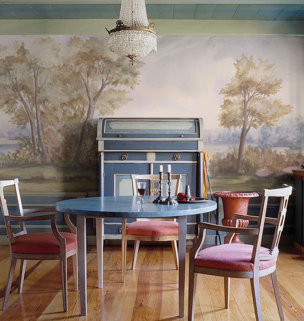 Dining room with English scenic mural wallpaper