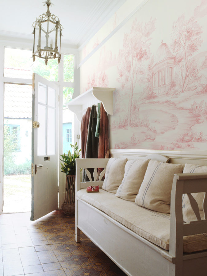 Entryway with Delft Blush mural wallpaper