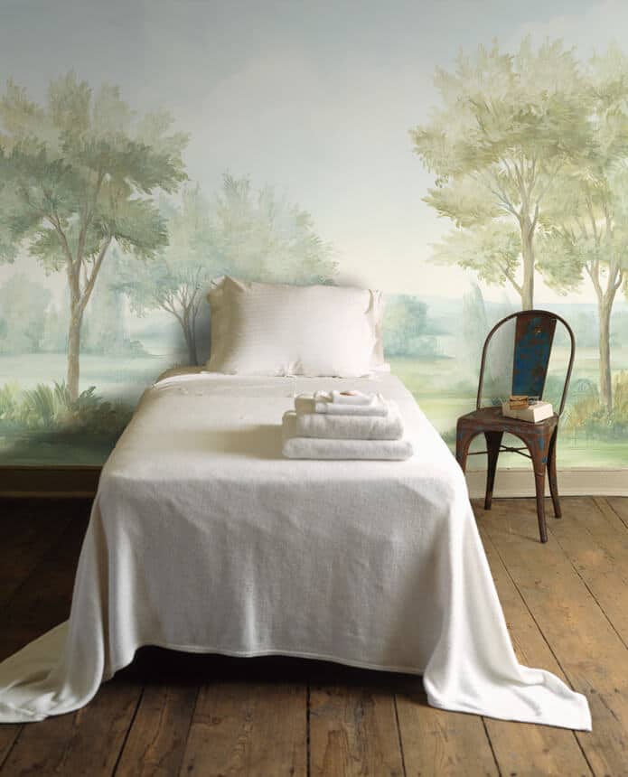 Pastoral Spring classic yet informal use of mural in bedroom high low interior