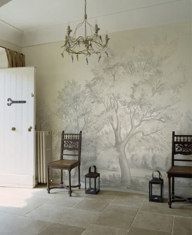 Entryway with gray scenic mural wallpaper
