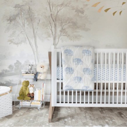 Cute nursery with scenic mural wallpaper