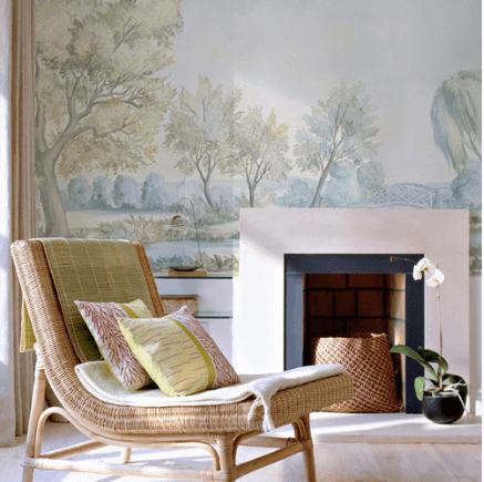 Scenic mural wallpaper above fireplace