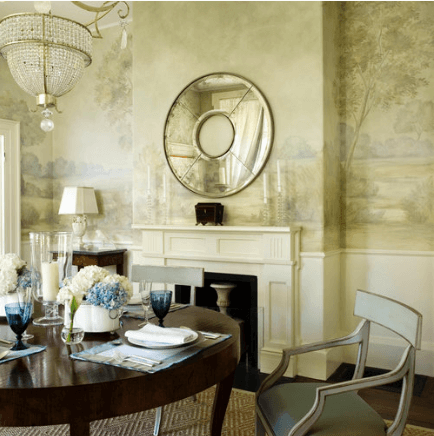 Green dining room with scenic mural wallpaper