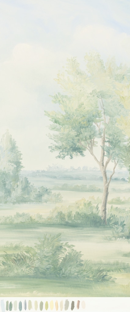 Sample of hand painted landscape of english countryside mural with paint swatches