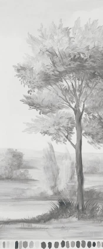 Panel of hand painted tree from grisaille grey landscape mural