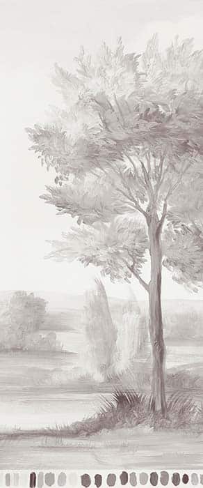 Sample section of hand painted grey/grisaille landscape mural with tall tree