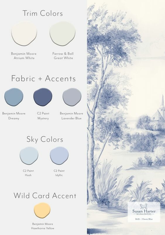 interior paint palette with their names next to a coordinating blue and white mural wallpaper sample