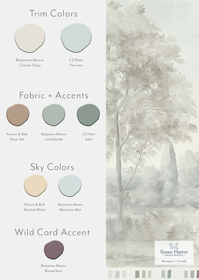Paint color suggestions with Barringtons Grisaille scenic landscape mural