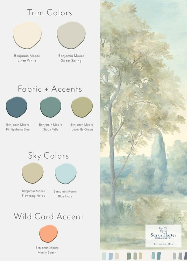 Paint color suggestions with Barringtons Rich scenic landscape mural