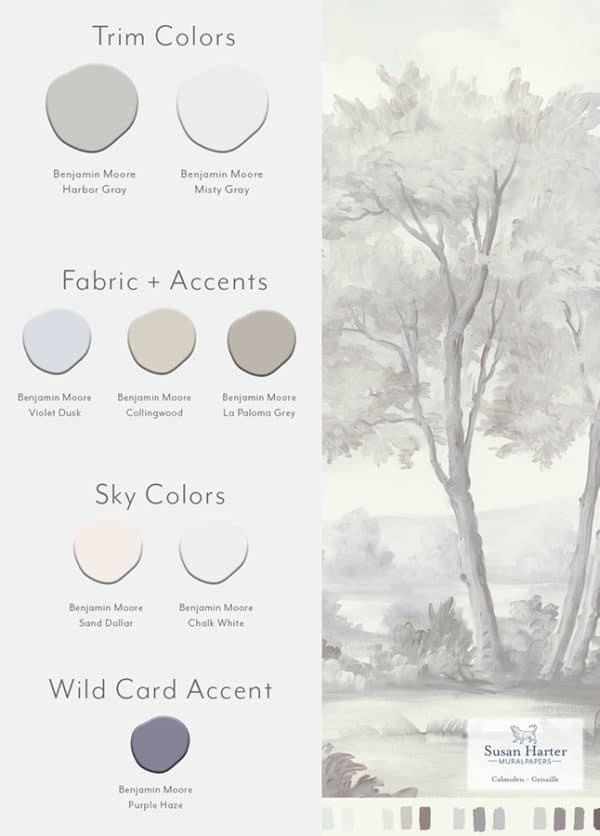 Paint color suggestions with Calmsden Grisaille scenic landscape mural