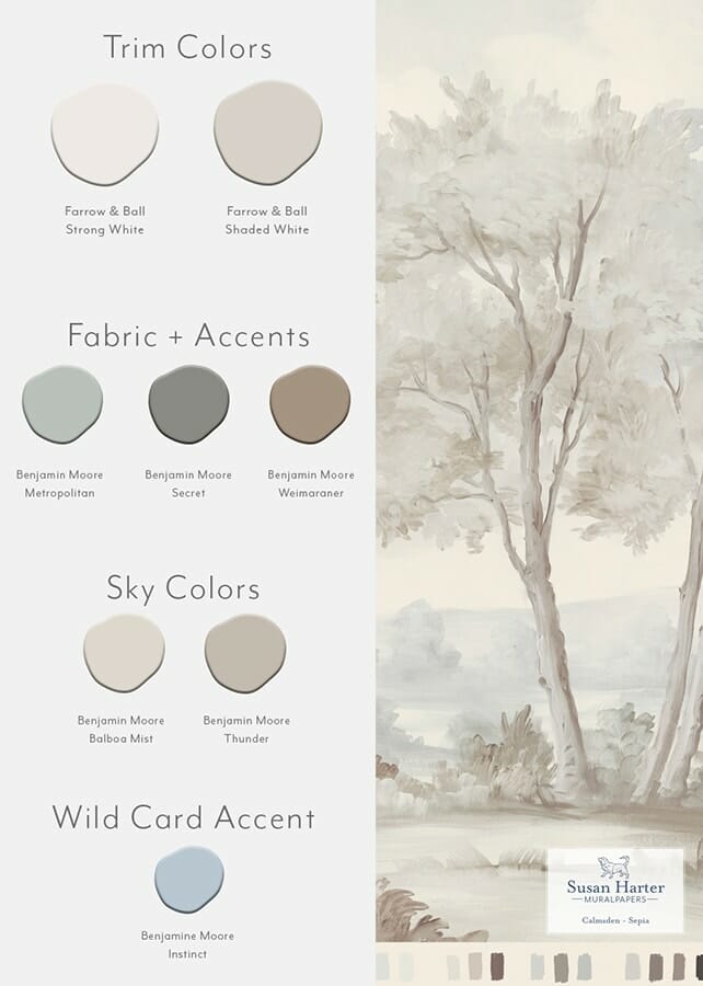 Paint color suggestions with Calmsden Sepia scenic landscape mural