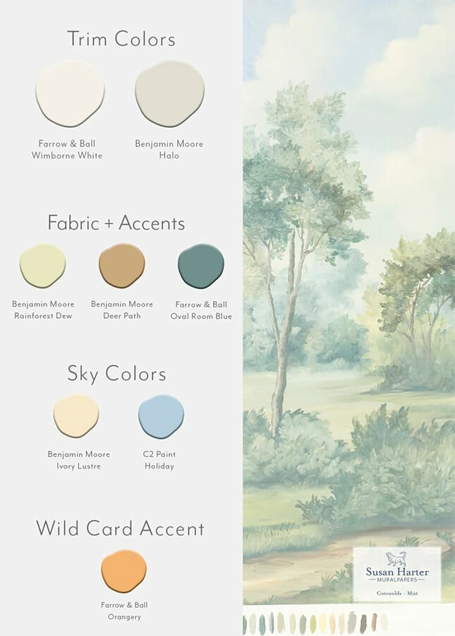 Paint color suggestions with Cotswold Mist scenic landscape mural