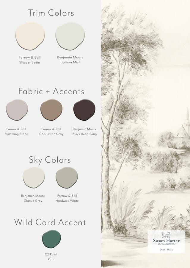 Paint color suggestions with Delft Black scenic landscape mural