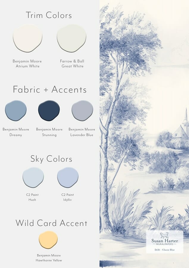 Paint color suggestions with Delft Classic Blue scenic landscape mural