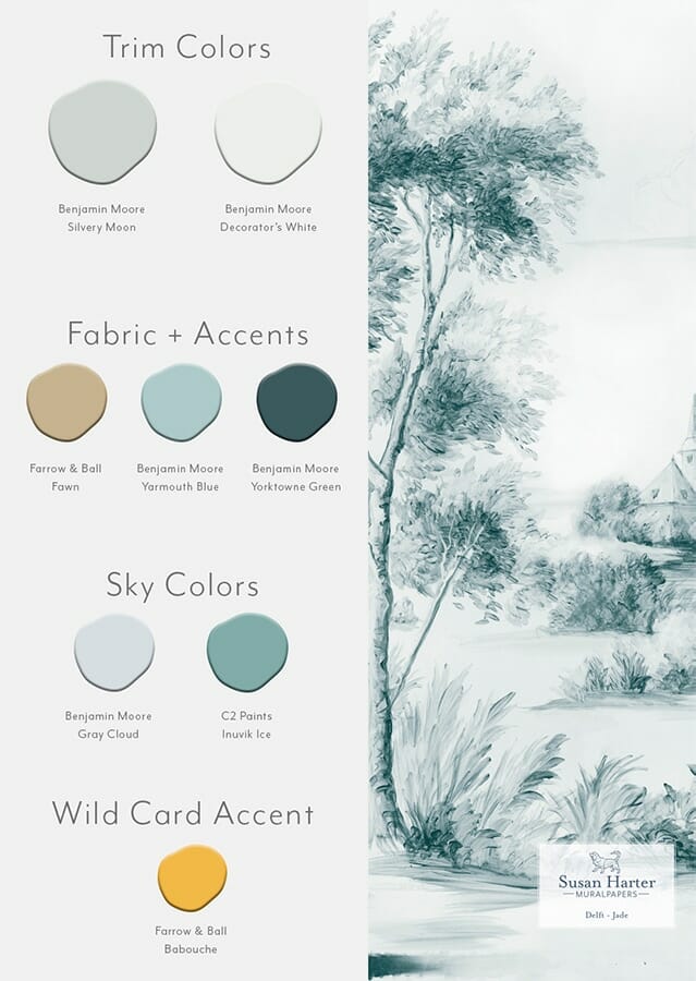 Paint color suggestions with Delft Jade scenic landscape mural
