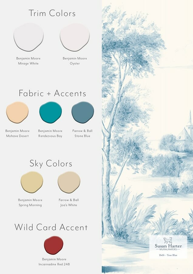 Paint color suggestions with Delft True Blue scenic landscape mural