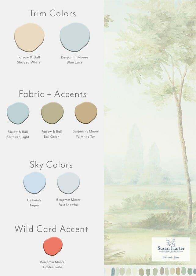 Paint color suggestions with Pastoral Mist scenic landscape mural