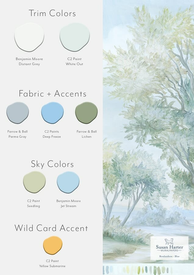 Paint color suggestions with Rowlandson Blue scenic landscape mural
