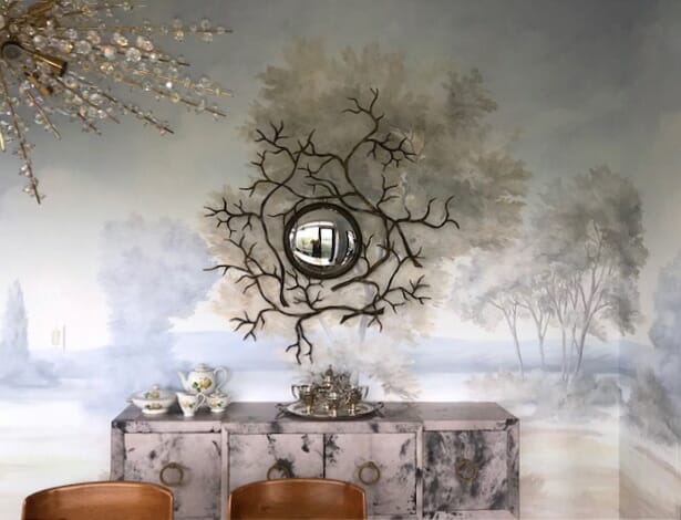 Marble cabinet and scenic mural wallpaper
