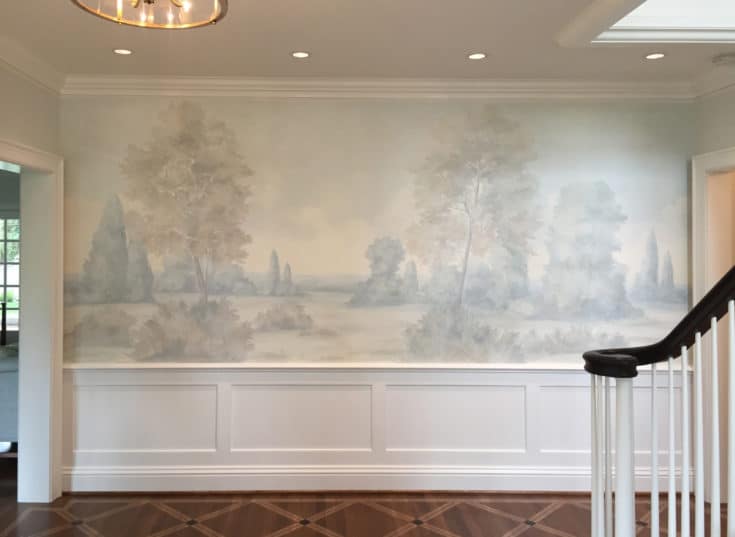 Hallway with misty scenic mural wallpaper