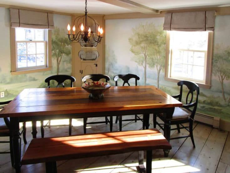 Rustic dining room with Pastoral Mist mural wallpaper