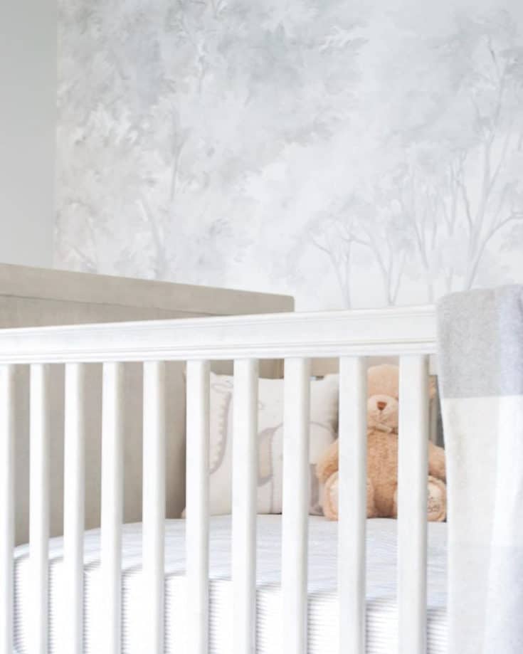 Nursery crib with Barringtons Grisaille mural wallpaper