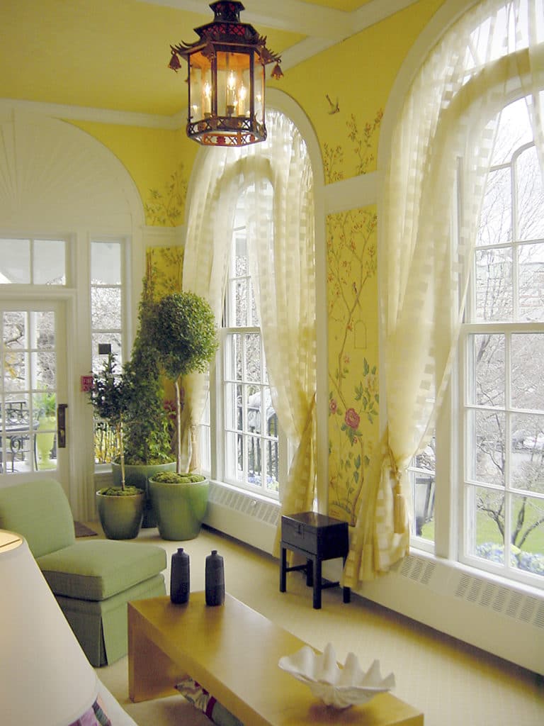 Hand-painted Chinoiserie in yellow living room