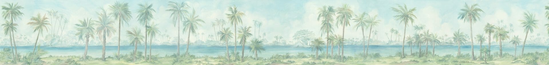 Hand painted tropical scenic mural wallpaper of Palm Beach of palm trees and water