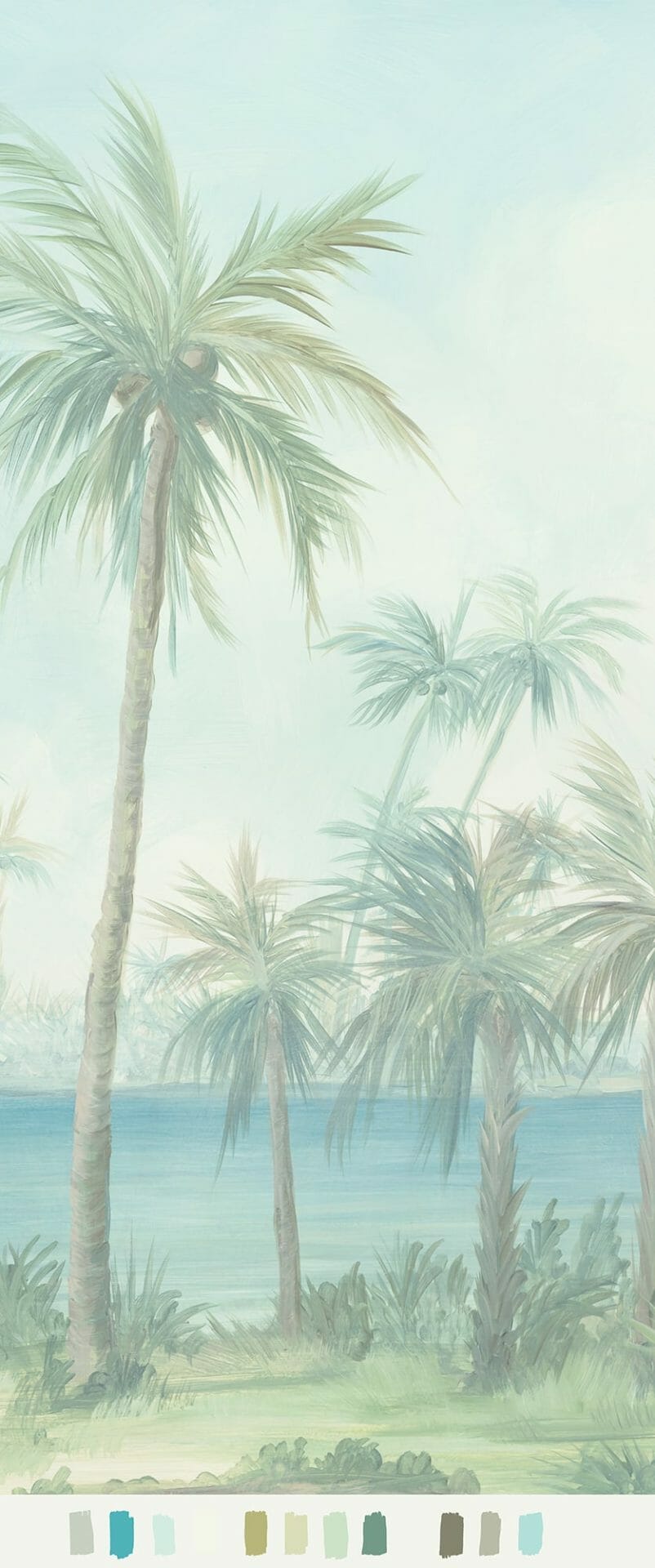 tropical palm beach misty scenic mural wallpaper