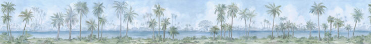 Hand painted tropical scenic mural wallpaper of Palm Beach with palm trees and water in cool tones