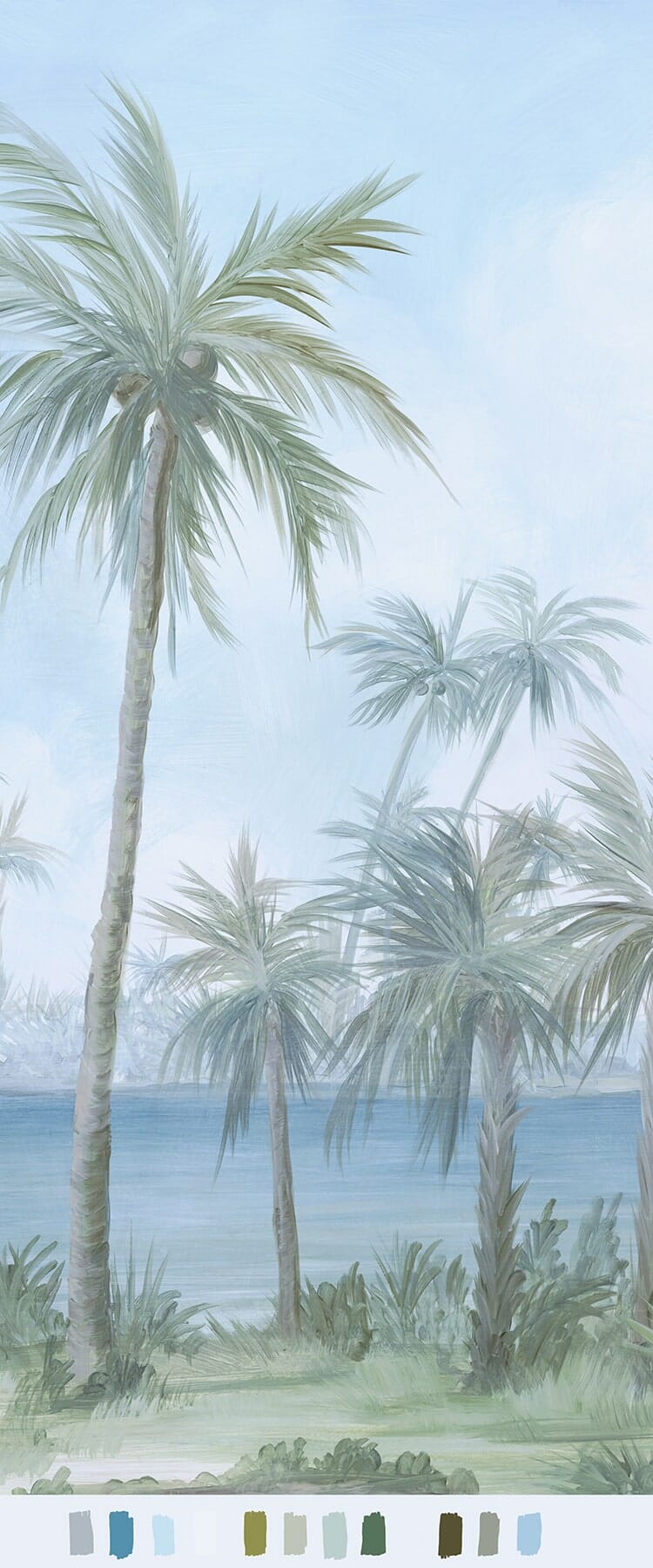 Sample of a hand painted Palm Beach landscape with a palm tree and color swatches at the bottom, blue tones