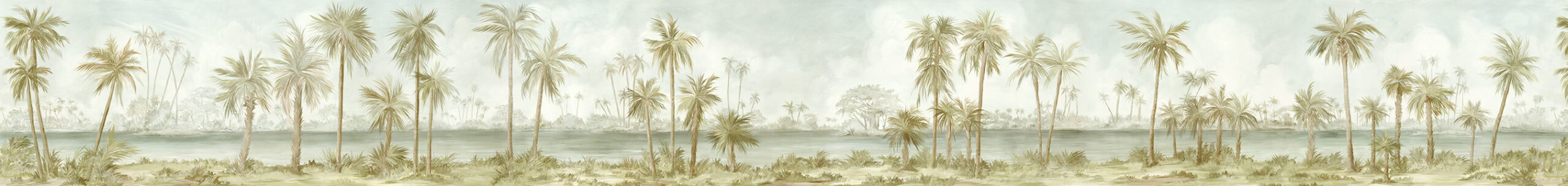 Hand painted tropical scenic mural wallpaper of Palm Beach with palm trees and water in warm tones
