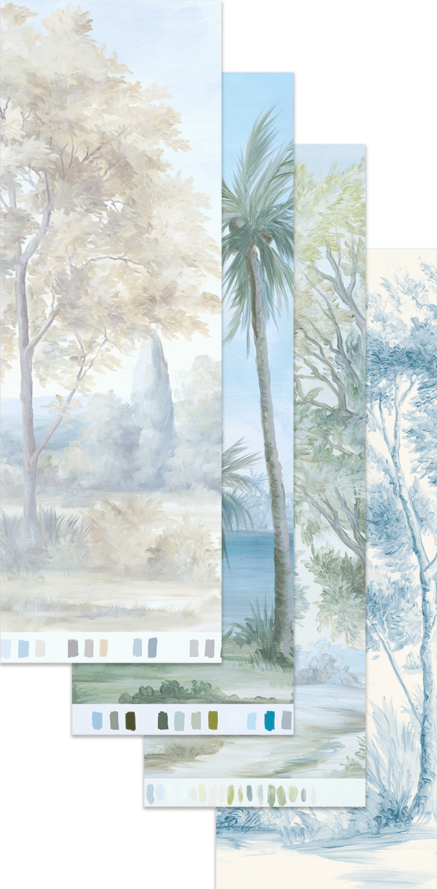 stack of 4 blue hue samples of landscape mural wallpaper with a different tree on each