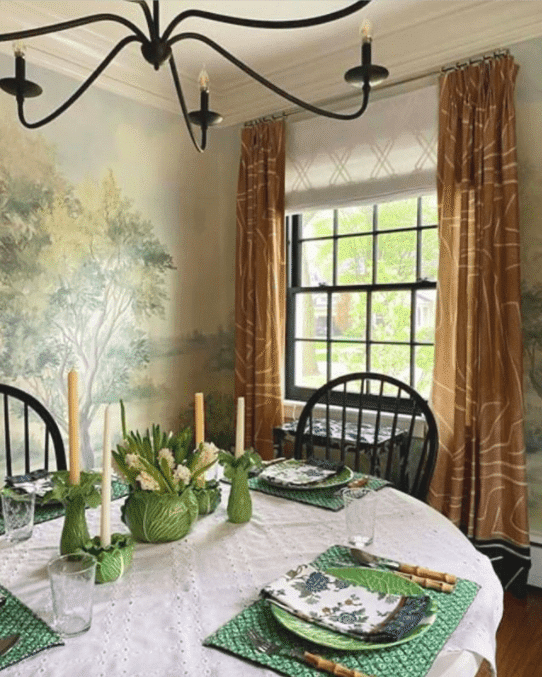 classic painterly dining room mural with copper curtains
