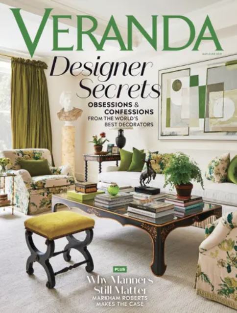 Veranda Magazine Cover May June 2021 Luxurious living room with gold and green accents