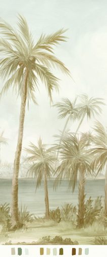 Sample of a hand painted Palm Beach landscape with a palm tree and color swatches at the bottom in a warm colorway